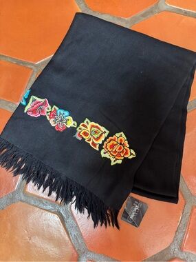NWT Black Floral Embroidered Fringe Scarf Shawl Pineda Covalin